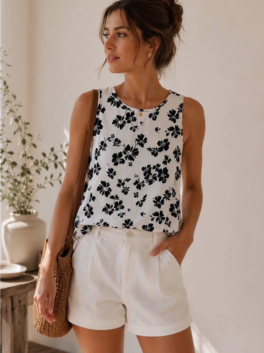 J.Crew Black & White Floral Sleeveless Blouse Tank Top Size XS